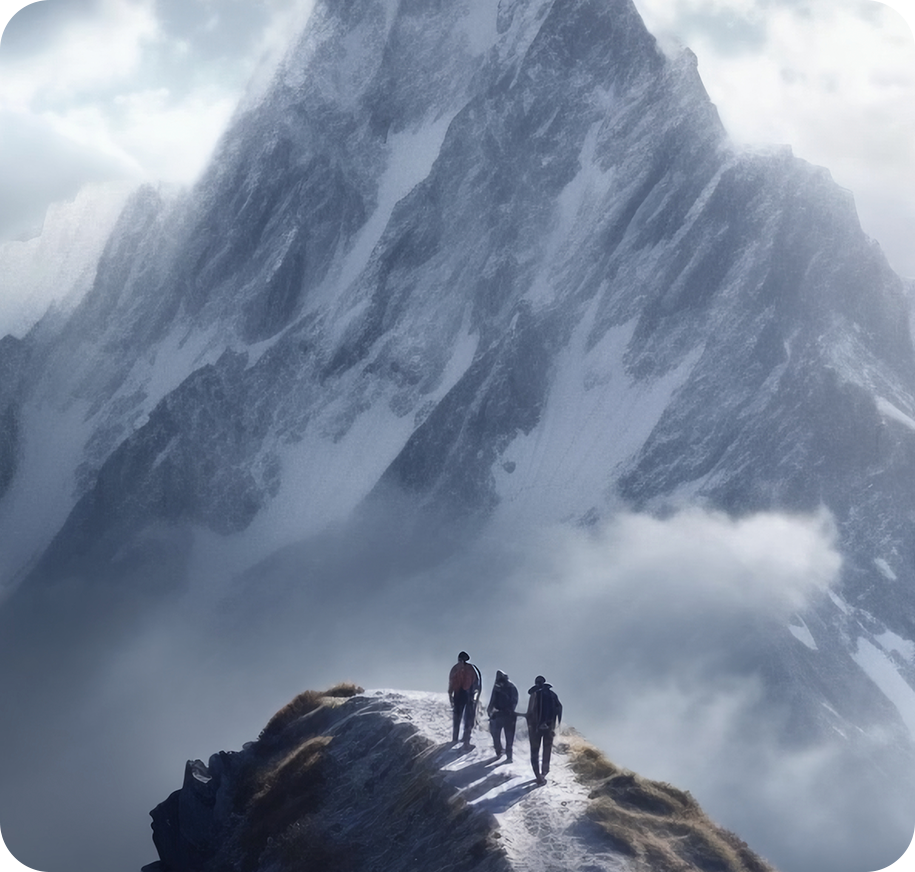 Equipo ascendiendo una montaña, metáfora de la demo de Xerpa con los datos del cliente